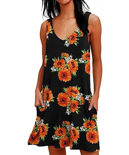 Cover-Ups Women Summer Floral Print Casual T Shirt Dresses Beach Cover Up Plain Pleated Tank Dress - Sunflower - C8190MT023D