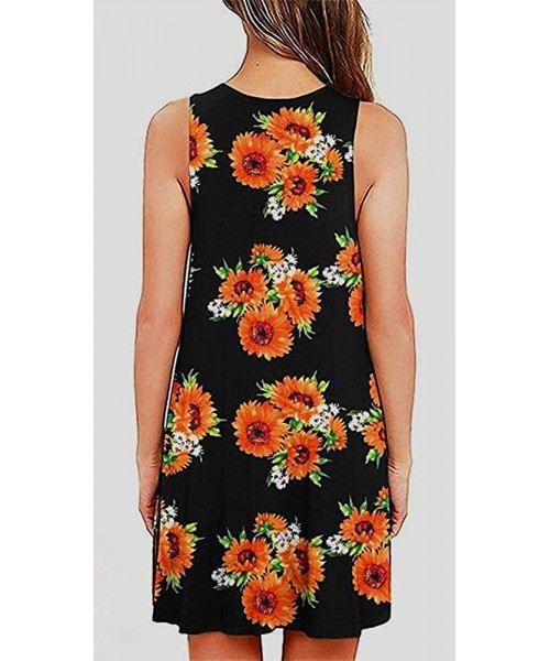 Cover-Ups Women Summer Floral Print Casual T Shirt Dresses Beach Cover Up Plain Pleated Tank Dress - Sunflower - C8190MT023D