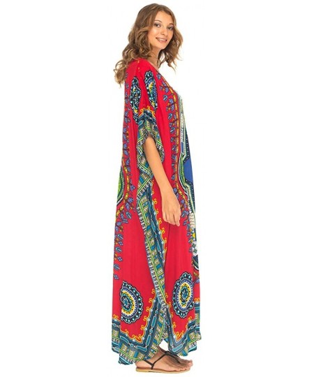 Cover-Ups Womens Long Kaftan Beach Cover Up Ethnic Dresses Loose Casual V-Neck Dashiki Maxi Dress with Sequins - Red - C118G6...