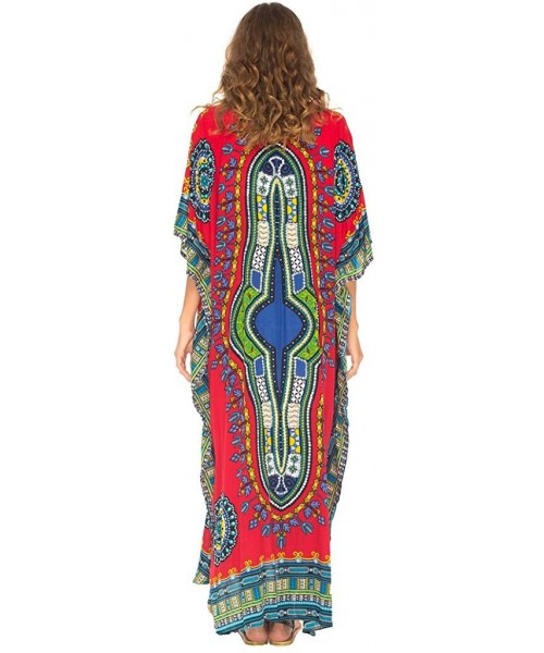 Cover-Ups Womens Long Kaftan Beach Cover Up Ethnic Dresses Loose Casual V-Neck Dashiki Maxi Dress with Sequins - Red - C118G6...