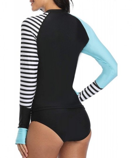 Rash Guards Women Rash Guard Long Sleeves Swimsuit Zipper UPF 50 Color Block Bathing Suit with Built in Bra - Blue Stripes - ...