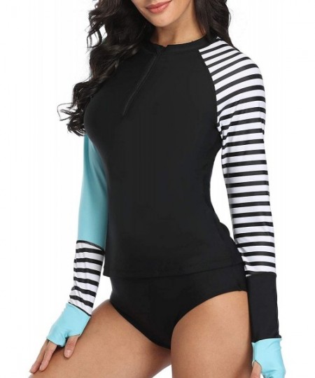 Rash Guards Women Rash Guard Long Sleeves Swimsuit Zipper UPF 50 Color Block Bathing Suit with Built in Bra - Blue Stripes - ...