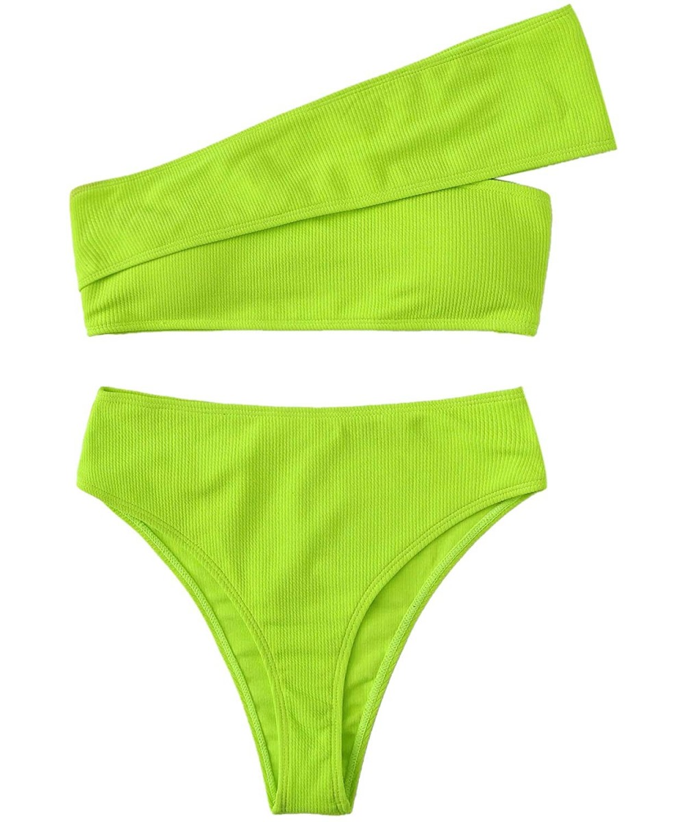 Sets Women's Bathing Suits One Shoulder Ribbed Bikini Set High Waisted Swimsuits - Green - C4196RED5M7