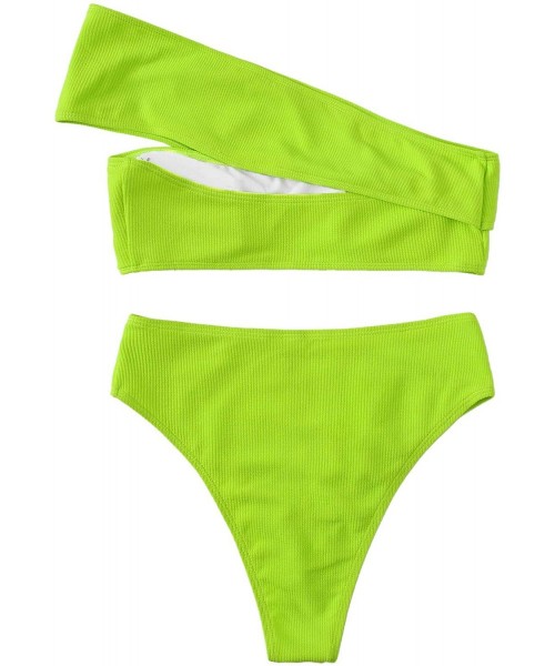 Sets Women's Bathing Suits One Shoulder Ribbed Bikini Set High Waisted Swimsuits - Green - C4196RED5M7