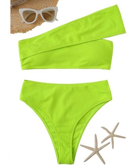 Sets Women's Bathing Suits One Shoulder Ribbed Bikini Set High Waisted Swimsuits - Green - C4196RED5M7