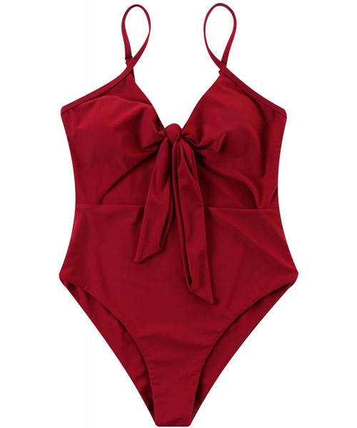 Sets Women Tummy Control V Neck Ruffle High Waisted One Piece Swimsuits - Wine Red - C1196727SDW