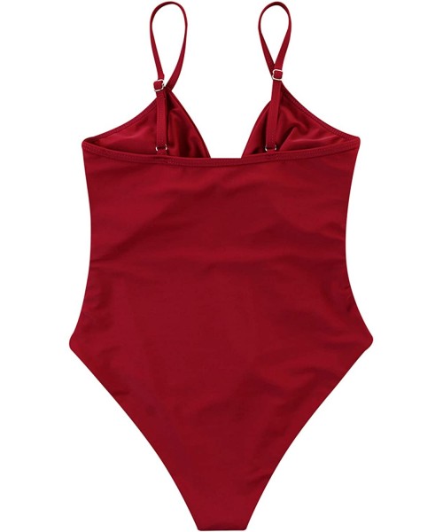 Sets Women Tummy Control V Neck Ruffle High Waisted One Piece Swimsuits - Wine Red - C1196727SDW