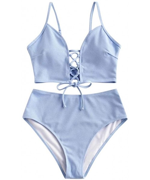 Bottoms Two Piece Bikini Sets for Women Push Up Swimsuit High Waisted Tummy Control Bathing Suits Lace Up Tankini 01 Blue - C...