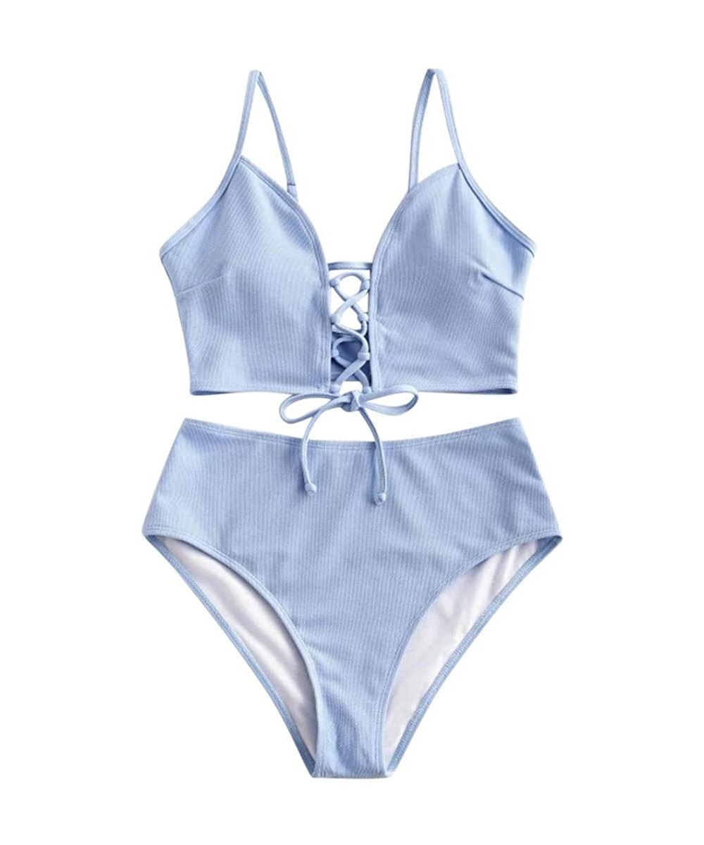 Bottoms Two Piece Bikini Sets for Women Push Up Swimsuit High Waisted Tummy Control Bathing Suits Lace Up Tankini 01 Blue - C...