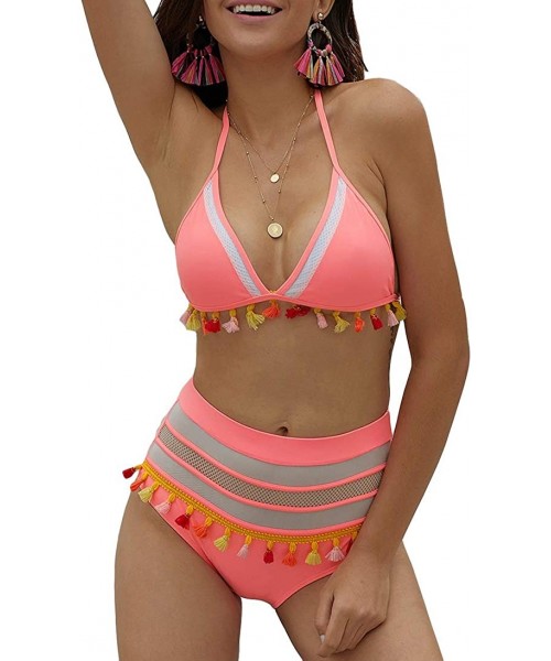 Sets Womens Striped High Waist Bikini Set Tassel Trim Top Halter Straps Swimsuit - Orange - CE18R2M9E92