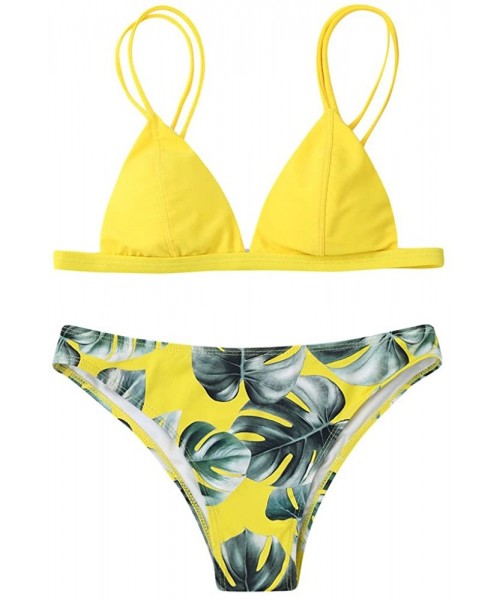 Sets Swimsuit for Women Swimwear Bikini Set Print Leaves Push-Up Padded Bathing Swimsuit Beachwear - Yellow - CP199SL9W8K