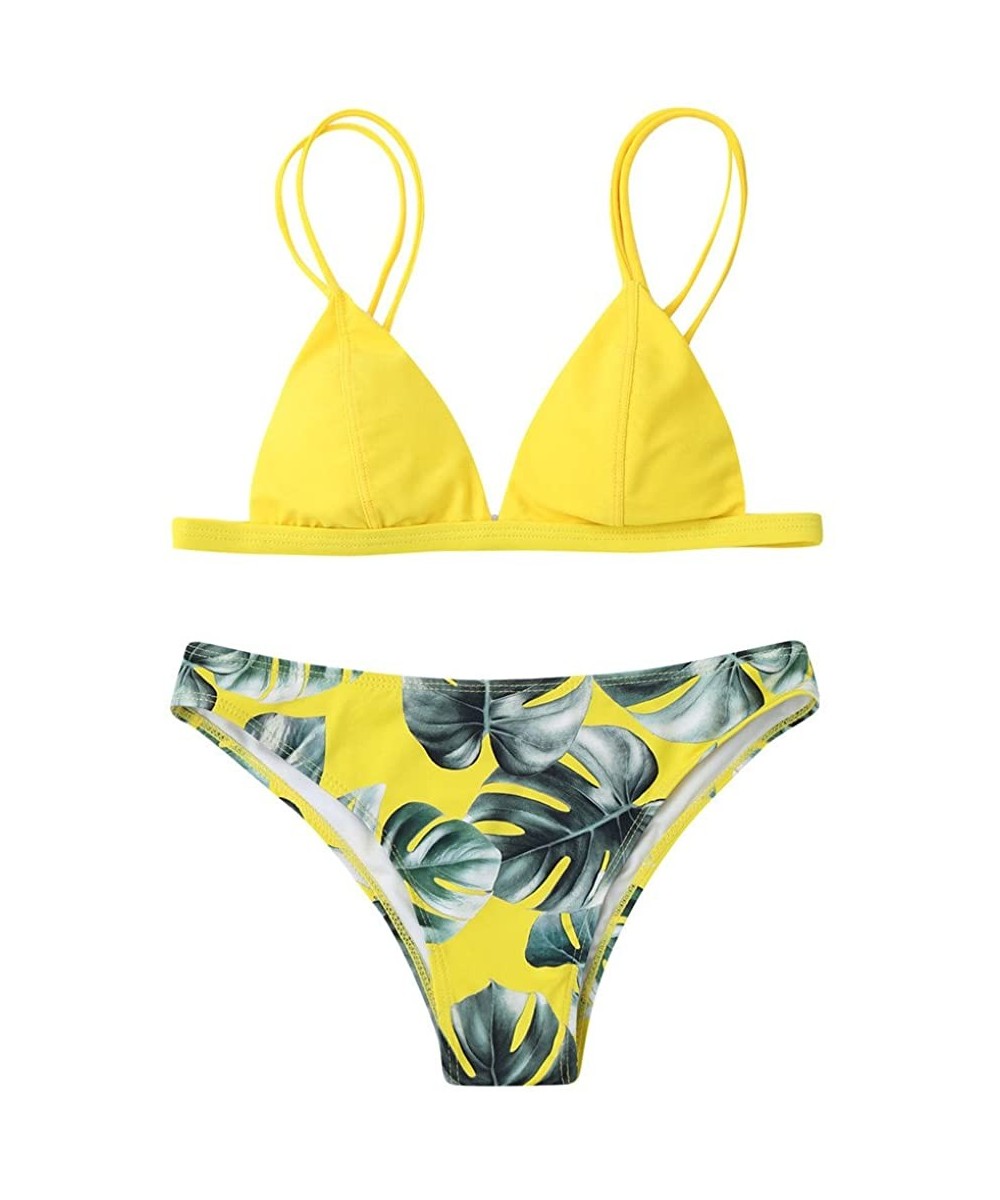 Sets Swimsuit for Women Swimwear Bikini Set Print Leaves Push-Up Padded Bathing Swimsuit Beachwear - Yellow - CP199SL9W8K