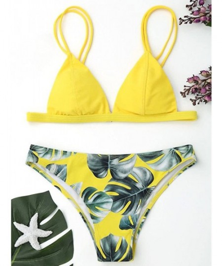 Sets Swimsuit for Women Swimwear Bikini Set Print Leaves Push-Up Padded Bathing Swimsuit Beachwear - Yellow - CP199SL9W8K