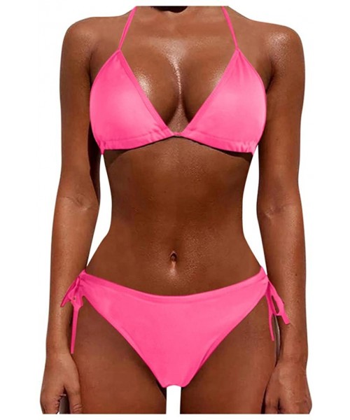 Board Shorts Women Tie Side Bottom Padded Top Triangle Bikini String Beach Bathing Suit Two Piece Swimsuit - Pink - CQ196OYHDK9