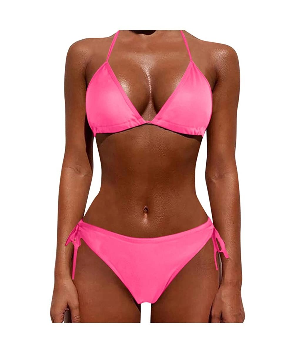 Board Shorts Women Tie Side Bottom Padded Top Triangle Bikini String Beach Bathing Suit Two Piece Swimsuit - Pink - CQ196OYHDK9