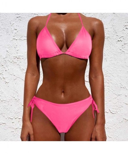 Board Shorts Women Tie Side Bottom Padded Top Triangle Bikini String Beach Bathing Suit Two Piece Swimsuit - Pink - CQ196OYHDK9