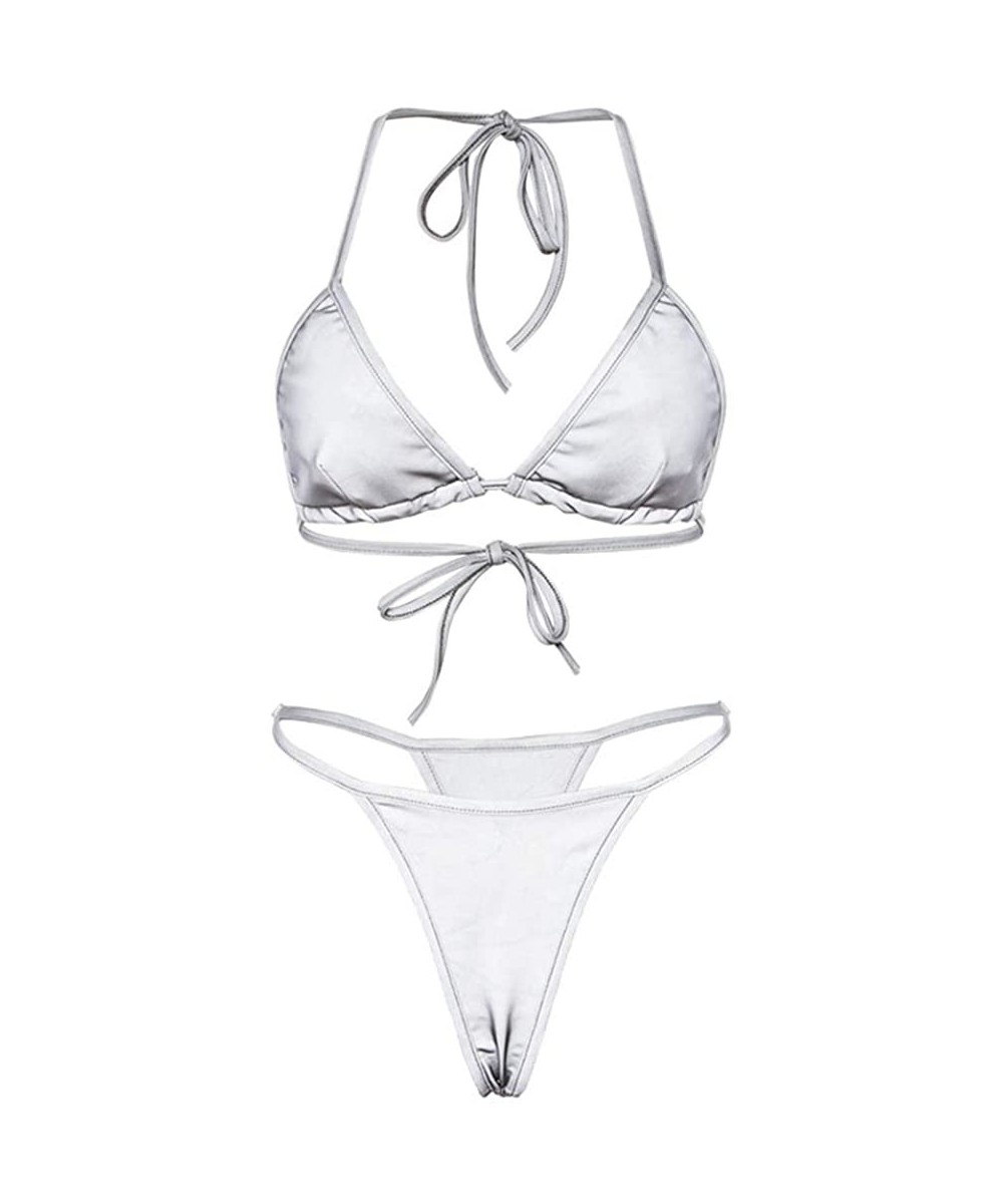 Sets Reflective Bikini Set Bra 2019 New Summer Women Shiny Glowing Swimwear Beachwear (L) Grey - CZ18OXLAH6I