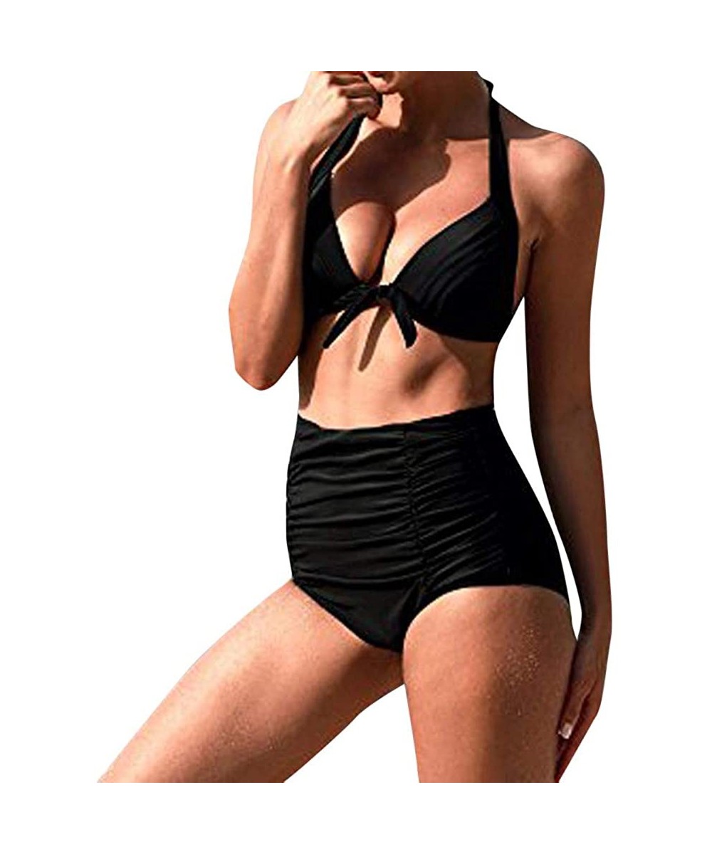 Sets Swimwear for Womens- Summer Beach High Waist Swimuit Female Retro ewear Set Beachwear Tankini Bikini - Black3 - C018O2GWU85