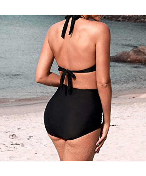 Sets Swimwear for Womens- Summer Beach High Waist Swimuit Female Retro ewear Set Beachwear Tankini Bikini - Black3 - C018O2GWU85