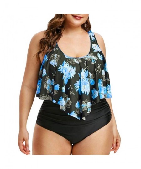 Bottoms Women Floral Printed Tankini Swimjupmsuit Swimsuit Beachwear Padded Swimwear - Blue - C41953350AQ