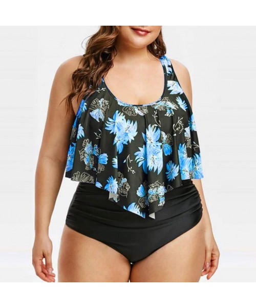 Bottoms Women Floral Printed Tankini Swimjupmsuit Swimsuit Beachwear Padded Swimwear - Blue - C41953350AQ