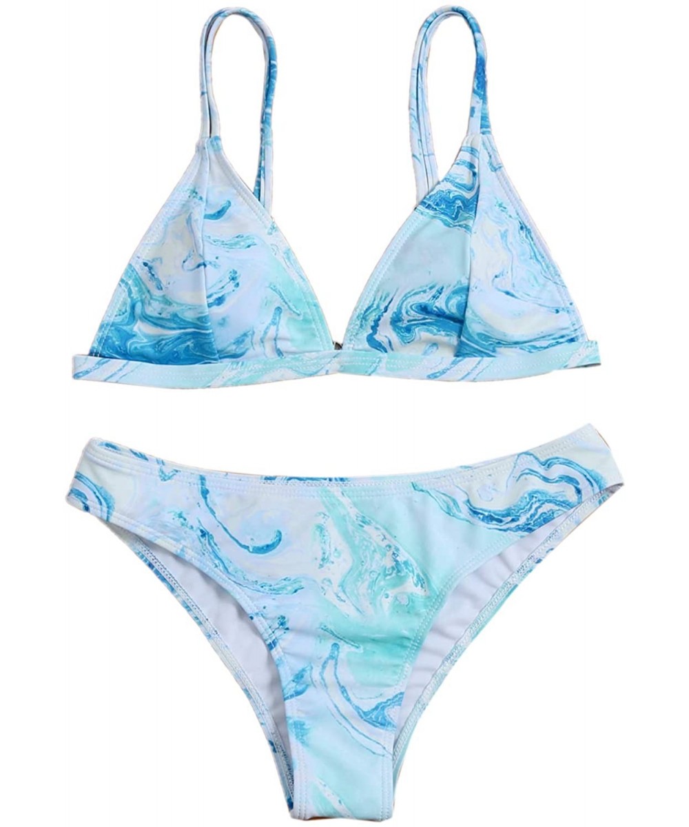 Sets Women's Marble Pattern 2 Piece Triangle Bikini Sets Swimsuits - Blue - C119DHLQ5CY