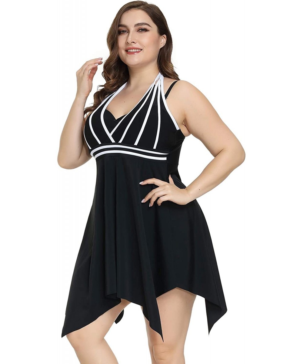 One-Pieces Womens Halter Swimdress Plus Size Two Piece Swimsuit Tankini Set with Boyshorts - Black - CC193IL9UDW