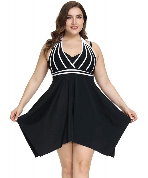 One-Pieces Womens Halter Swimdress Plus Size Two Piece Swimsuit Tankini Set with Boyshorts - Black - CC193IL9UDW