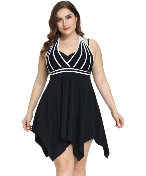 One-Pieces Womens Halter Swimdress Plus Size Two Piece Swimsuit Tankini Set with Boyshorts - Black - CC193IL9UDW