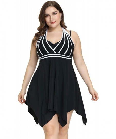 One-Pieces Womens Halter Swimdress Plus Size Two Piece Swimsuit Tankini Set with Boyshorts - Black - CC193IL9UDW