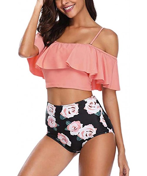 Sets Beachwear for Women Lady with High Waisted Bottom Bikini Two Pieces Bathing Suits Top Ruffled Tankini Swimwear - Waterme...