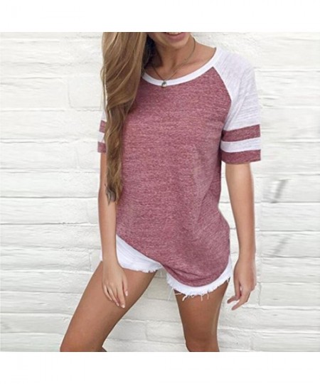 Cover-Ups Fashion Women Ladies Short Sleeve Splice Blouse Tops Clothes T Shirt - Pink - CM18D40WY9L