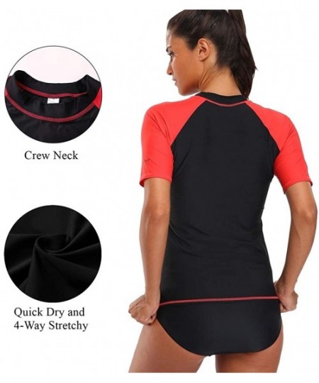 Rash Guards Women Rash Guard UPF 50+ Short Sleeve Swim Shirts Swimsuit Top Sun Shirt - Black-red - CX182ZCODKN