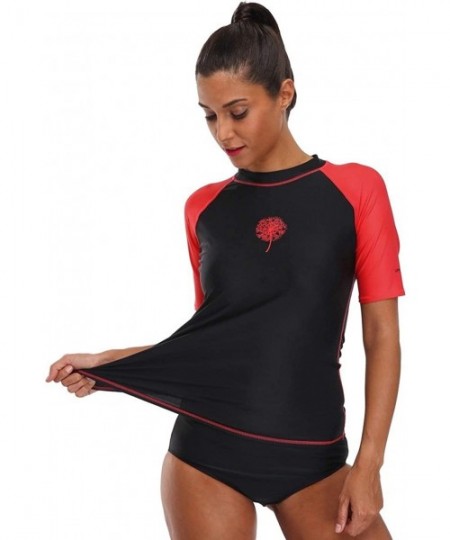 Rash Guards Women Rash Guard UPF 50+ Short Sleeve Swim Shirts Swimsuit Top Sun Shirt - Black-red - CX182ZCODKN