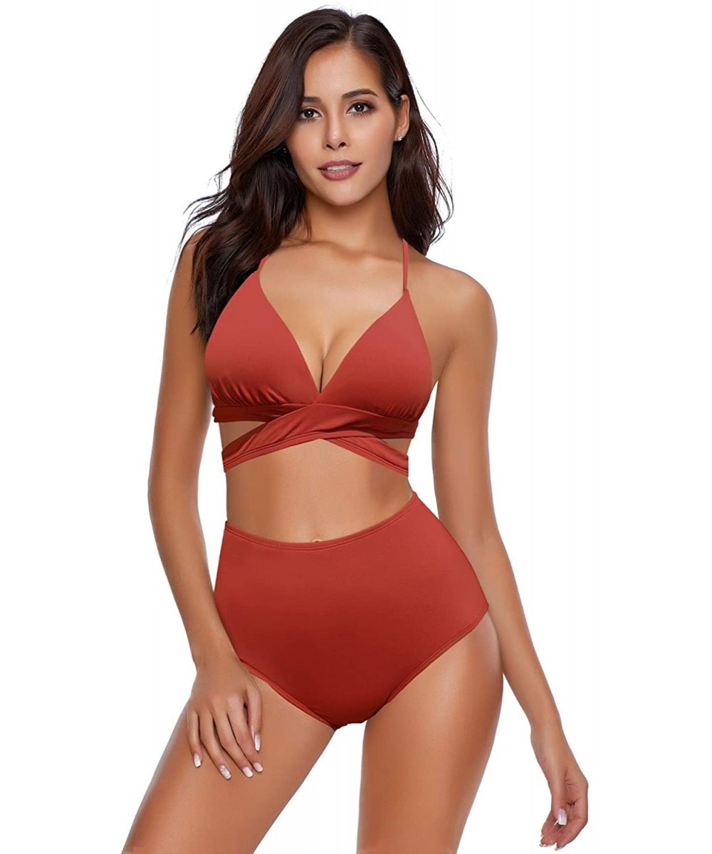 Sets Women's Halter Self Tie Ruched High Waist Two Piece Bikini Set Swimsuits - P Coral - CB1965HSGLM