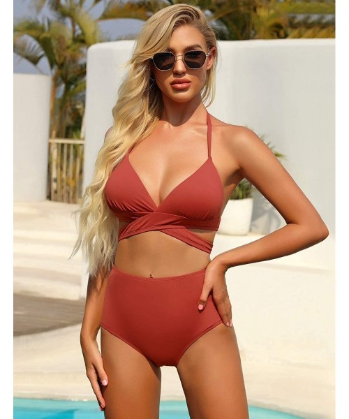 Sets Women's Halter Self Tie Ruched High Waist Two Piece Bikini Set Swimsuits - P Coral - CB1965HSGLM