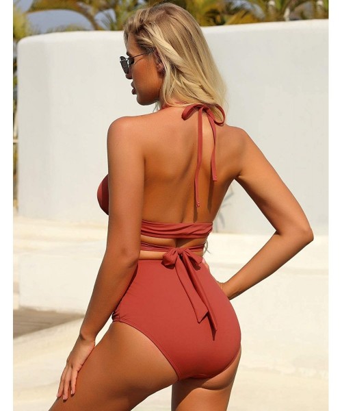 Sets Women's Halter Self Tie Ruched High Waist Two Piece Bikini Set Swimsuits - P Coral - CB1965HSGLM