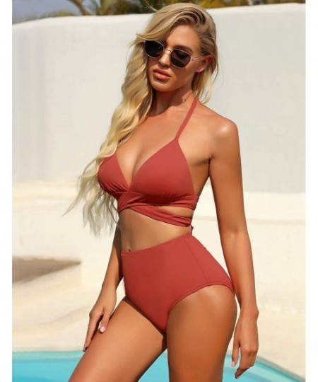 Sets Women's Halter Self Tie Ruched High Waist Two Piece Bikini Set Swimsuits - P Coral - CB1965HSGLM