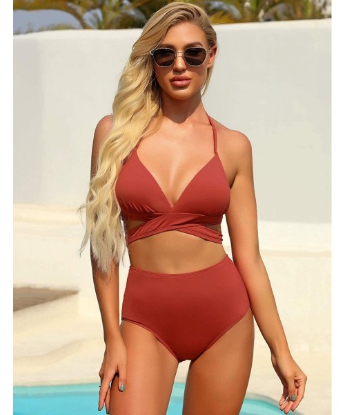 Sets Women's Halter Self Tie Ruched High Waist Two Piece Bikini Set Swimsuits - P Coral - CB1965HSGLM