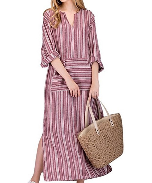 Cover-Ups Women Summer Stripe Long Sleeve V-Neck Cotton Linen Plus Size Kaftan Dress - 04-red - CP18EOOIZWG