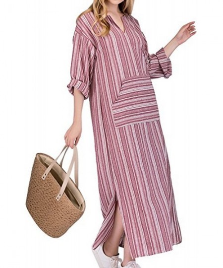 Cover-Ups Women Summer Stripe Long Sleeve V-Neck Cotton Linen Plus Size Kaftan Dress - 04-red - CP18EOOIZWG