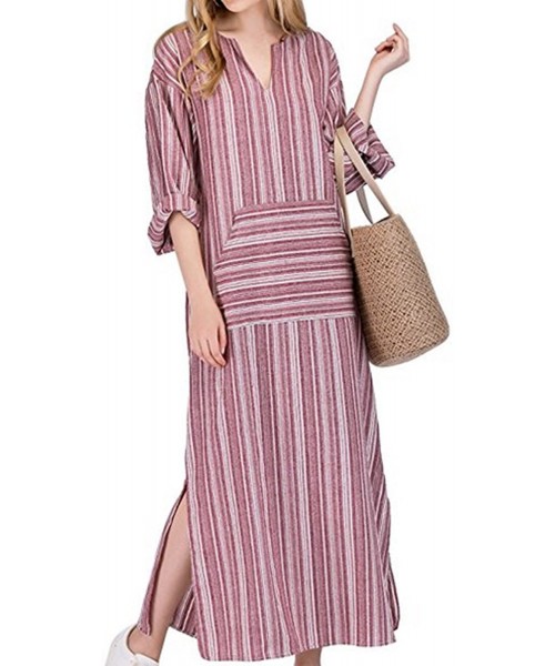 Cover-Ups Women Summer Stripe Long Sleeve V-Neck Cotton Linen Plus Size Kaftan Dress - 04-red - CP18EOOIZWG