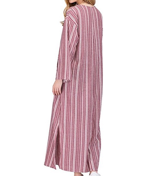 Cover-Ups Women Summer Stripe Long Sleeve V-Neck Cotton Linen Plus Size Kaftan Dress - 04-red - CP18EOOIZWG