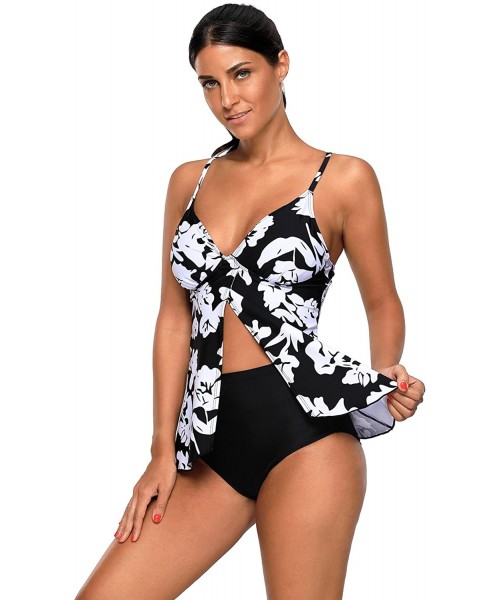 Tankinis Womens Multi Print Crisscross Open Back Flyaway Tankini Swimsuits with Briefs S - XXXL - White Flower - C21809NKXI9