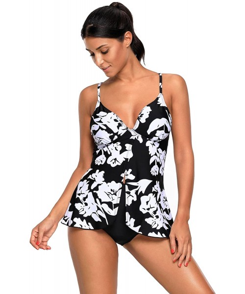 Tankinis Womens Multi Print Crisscross Open Back Flyaway Tankini Swimsuits with Briefs S - XXXL - White Flower - C21809NKXI9