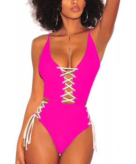 Sets Women's Spaghetti Strap Criss Cross Lace Up One Piece Swimsuits Swimwear - Rosy - CQ18S2XKRZI