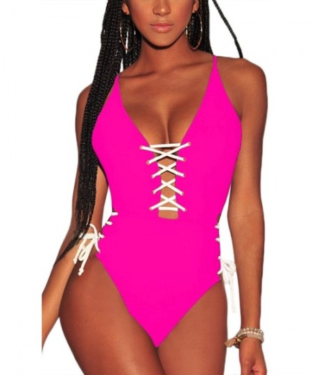 Sets Women's Spaghetti Strap Criss Cross Lace Up One Piece Swimsuits Swimwear - Rosy - CQ18S2XKRZI