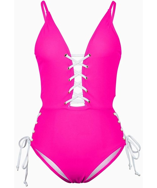 Sets Women's Spaghetti Strap Criss Cross Lace Up One Piece Swimsuits Swimwear - Rosy - CQ18S2XKRZI