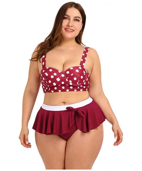 Sets Plus Size Cross Bandage Two Piece Bikini Set Solid Bathing Suits Swimwear Beachwear - Red - CL196R6C58D