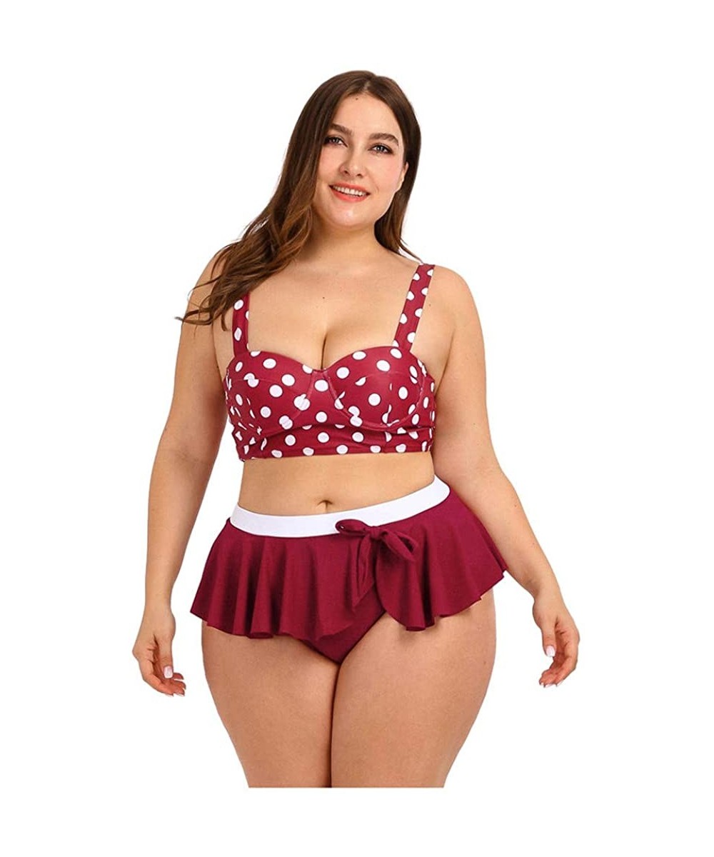 Sets Plus Size Cross Bandage Two Piece Bikini Set Solid Bathing Suits Swimwear Beachwear - Red - CL196R6C58D